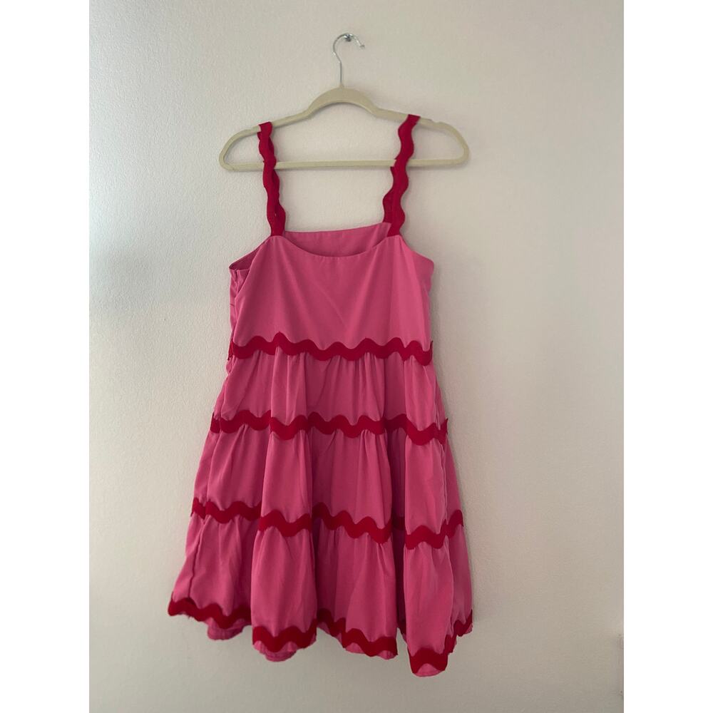 Pink Ric Rac Tiered Mini Dress Hot Pink & Red Sundress Size M - Picture 4 of 6